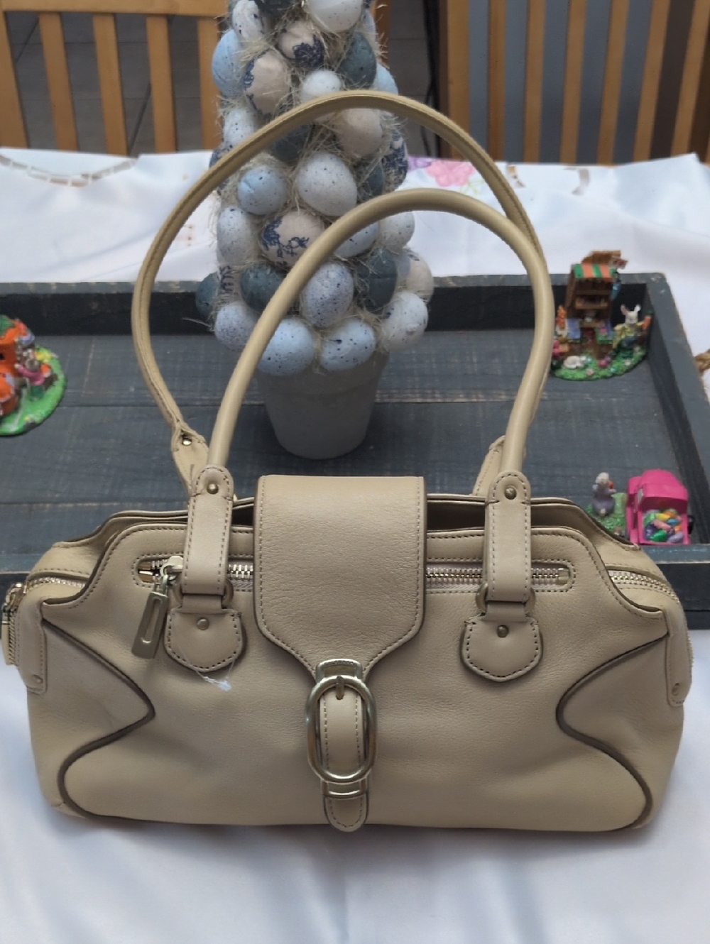 Cole Haan Alexa F04 Beige Leather Double-Handle Satchel Bag